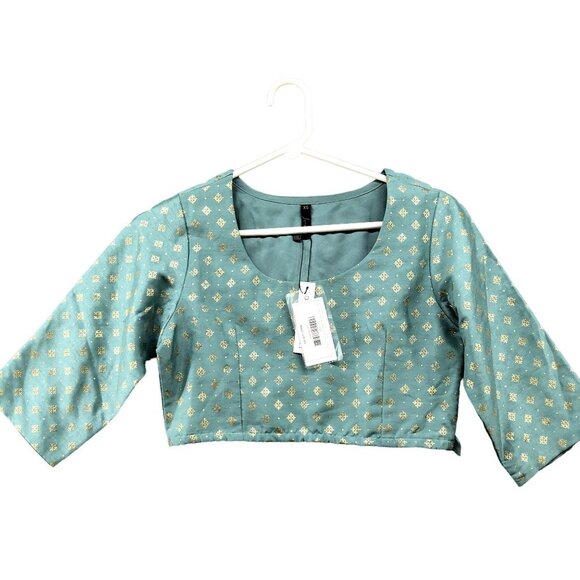NWT Janasya Indian Women Sea Green Poly-Silk Gold Lehenga Choli Kurta Top XS - Picture 1 of 11
